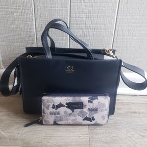 BNWOT Radley London Navy Blue Leather Handbag w/ Matching Wallet and Dust Cover